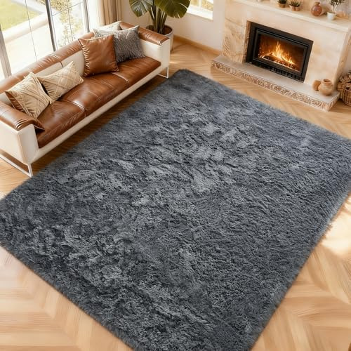 CHOSHOME Teppich Wohnzimmer 200x290CM Schlafzimmer Flauschiger Hochflor Groß Super Weich Shaggy Anti-Rutsch Unterseite Moderner Läufer Teppich Grau