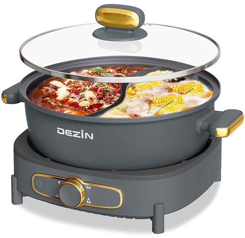 Dezin Hot Pot Electric with Divider, 6L Double-Flavor Shabu Shabu Pot 220V, Dual Sided Removable Non-Stick Hotpot Pot Electric, 3 Depth Hot Pot with Multi-Power Control, 2 Silicone Ladles Included