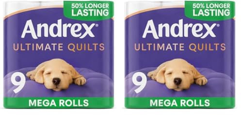 Andrex Supreme Quilts Mega Toilet Roll - 9 Mega Rolls (13.5 Standard), 3-ply, 25% Thicker Paper Than Before to Provide Ultimate Quilted Comfort (Pack of 2)