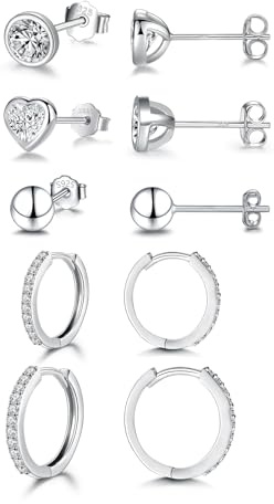 Ecripe 5 Paar 925 Sterling Silber Ohrringe Set für Frauen, 3 Paar Mini Ohrstecker 2 Paar Creolen mit Cubic Zirkonia, Hypoallergene Klein Knorpel Ohrringe für Mädchen