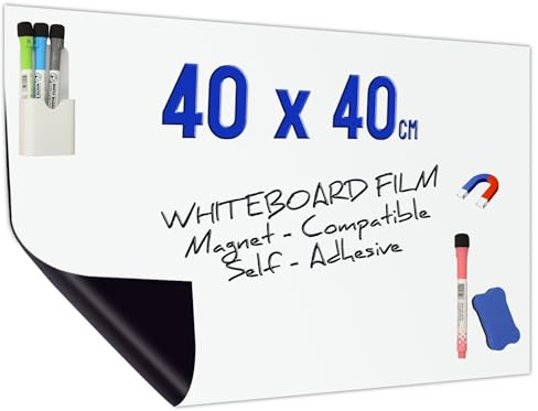 Minadax Whiteboard Folie 40 x 40cm | Magnet Haftend | Zuschneidbar + Stifte mit Halter + Wischer