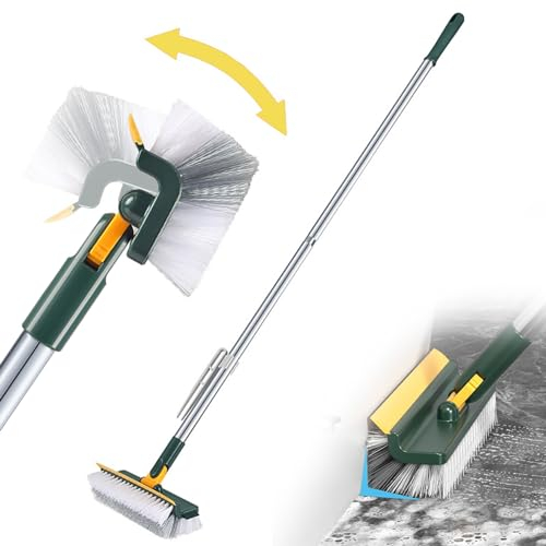 Floor Scrubbing Brush 2 in 1 Floor Squeegee ＆ Grout Brush Floor Cleaning Brush with Rotating Long Handle V-Shape Stiff Bristle Floor Scrubber Brush with Squeegee for Bathroom