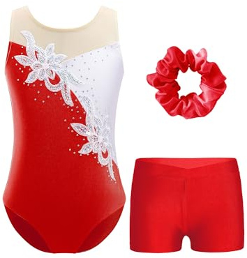 TTAO Ensemble de Gymnastique Enfant Fille Justaucorps sans Manches avec Shorts et Bandeau Tenue de Patinage Artistique Dancewear 5-16 Ans Rouge B 11-12 ans