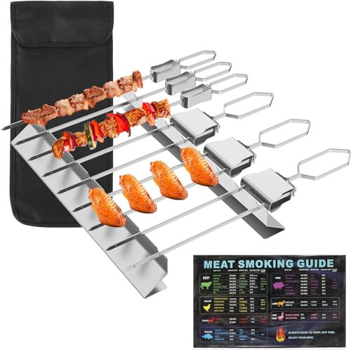 Foppla Spiedino a doppio rebbio con 2 spiedini in acciaio inox, facili da usare, in metallo, lavabili in lavastoviglie, con custodia per barbecue (3 pezzi a doppia punta + 3 pezzi per una singola