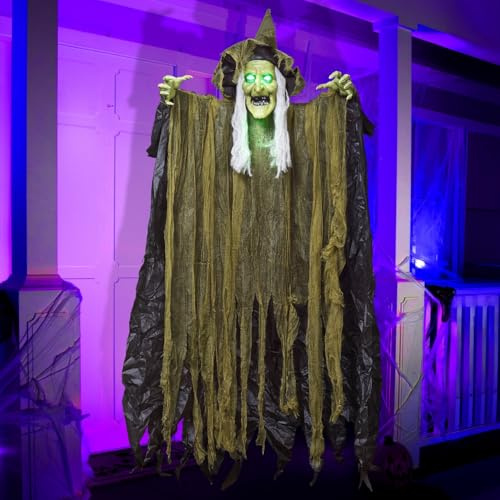 JOYIN Halloween Hexen Dekoration zum Aufhängen, 170 cm, braunes zerlumptes Gewand, mit Licht und Ton (durch Ton aktiviert), gruselige, animierte Halloween Dekoration für Party-Requisiten im Freien