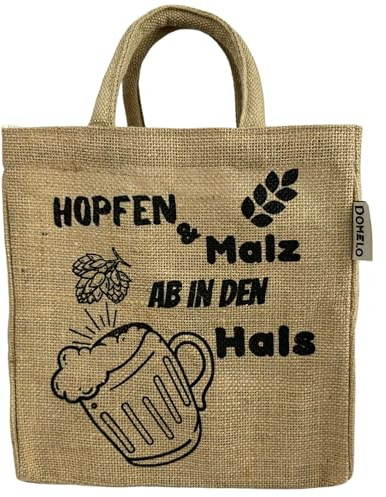 Domelo Jute Flaschentasche. Geschenke für Männer. Bierträger/Flaschenträger mit Trennwänden für 6 Flaschen. kleine Einkaufskorb. Lustige witzige Bier Männerhandtasche