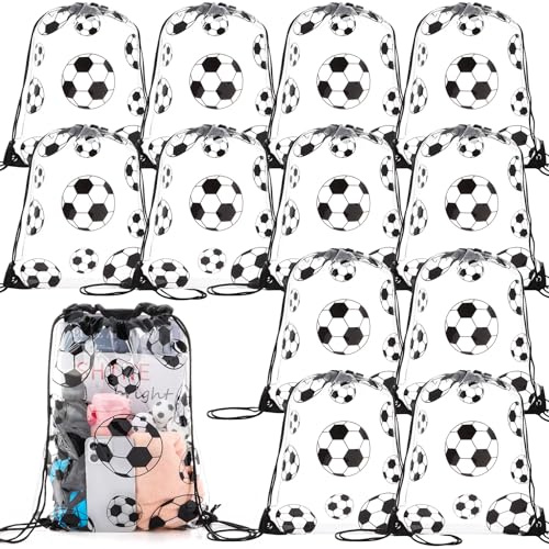 Cholemy 12 Pcs Clear Soccer Drawstring Bags Drawstring Backpack 17 x 13 Inch Soccer Gift Bags Goodie Bags Party Favor Bags Waterproof Plastic Sports Gym Bags for Soccer Sports Events Stadium