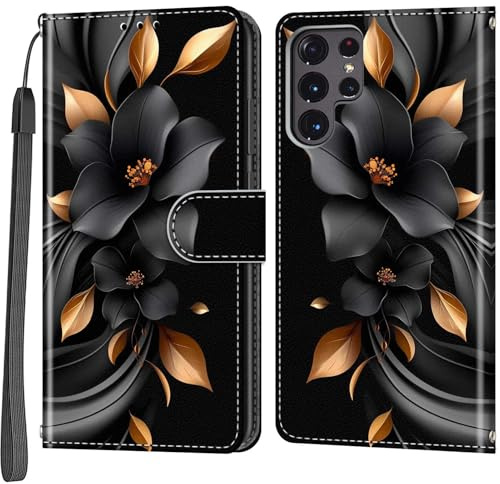 Handyhülle für Samsung Galaxy S22 Ultra Hülle, Blätter und Blüten | Magnetische, Stoßfeste Faltbar Klapphülle, Standfunktion, Kartenfächern, Geldbeutel, PU Lederhülle, Handytasche