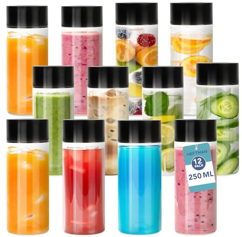 HEFTMAN Lot de 12 bouteilles sensorielles vides de 250 ml avec couvercles à visser noirs, bouteilles en plastique PET transparent de qualité alimentaire pour eau, café glacé, smoothies
