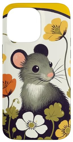Carcasa para iPhone 14 Pro Max Ratón y flores arte lindo roedor