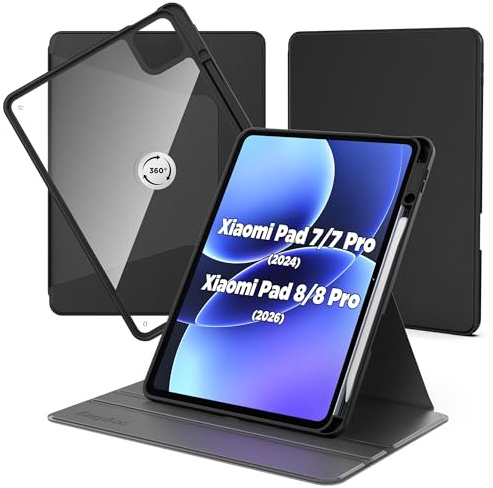 EasyAcc Funda Compatible con Xiaomi Mi Pad 7/ Pad 8/ Pad 7 Pro/Pad 8 Pro | 11.2 Pulgadas , con Soporte para Pencil, Carcasa Soporte Rotación de 360 Grados Protectora Respaldo Clara, Negro