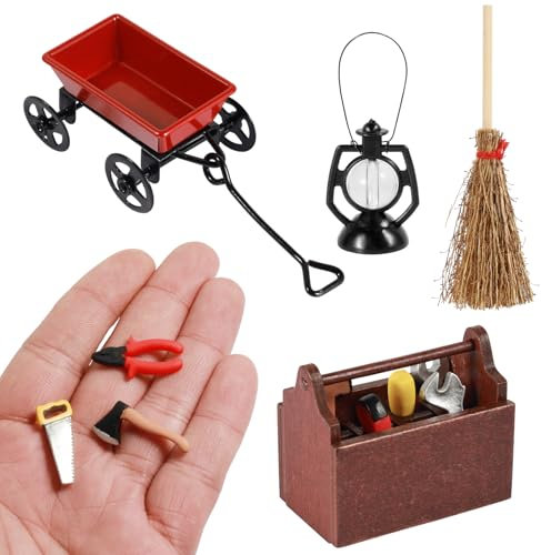 12Pcs Garden Toolbox Miniature Set, Dollhouse Gnome Garden Accessories, Mini Garden Scene Decorations, Dollhouse Wooden Tool Box with Tools Broom Oil Lamp, Garden Carts Model for DIY Ornament
