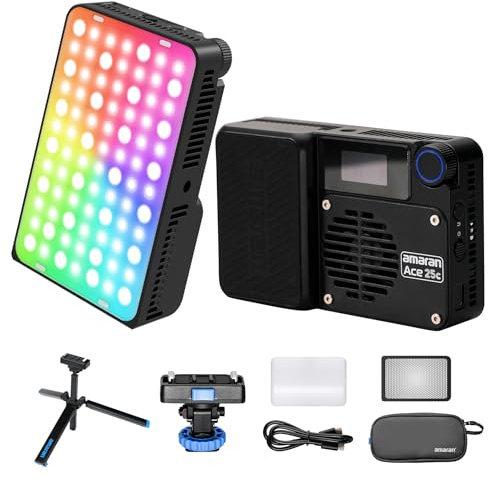 Amaran Ace 25c RGBWW - Kit de luz LED de video CCT 2300K-10000K CRI 95+ TLCI 95+, soporta control de aplicación con rejilla de control de luz de montaje magnético y mini trípode (carbón)
