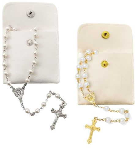 AOOTUERL Perline del Rosario con Perle Bianche Cattoliche 2 Pezzi Collana del Rosario Bianco Cattolico Perline della Collana con Ciondoli Crocifisso Lunga per Uomini Donne