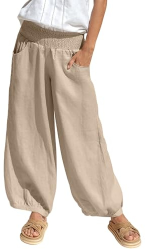 bolukets Leinenhose Sommerhose Damen Leichte Stoffhose Freizeithose Strandhose Einfarbig Bequeme Harem Musselin Hose mit Weites Bein