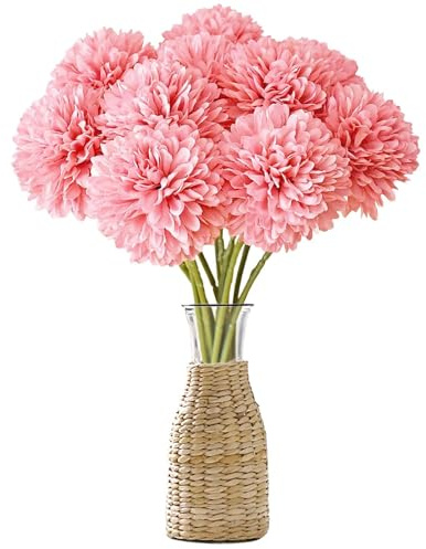 12 Stück Hortensien Kunstblumen Künstliche Hortensien Plastikblumen Rosa | Kunstblumen Seiden Kugel-Chrysanthemen Seide Pompon Chrysantheme Dekoblumen,für Hochzeits Deco,Heimdeko,Büro