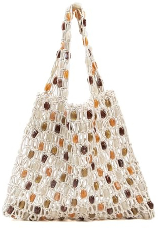 Boho Crochet Shoulder Bag for Women, Colorful Beaded Beach Tote Handbag Lightweight Summer Knit Hobo Purse &Travel Organizer, Beige, 15 x 12 x 6 (expands to 18 wide)