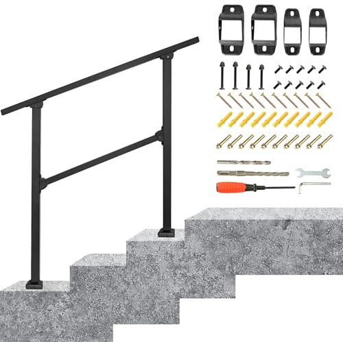 Outdoor Handrail for Stairs Fit 2-3 Steps, Wrought Iron Handrail for Outside Steps, |Adjustable Porch Railings | Deck Hand Rail | Indoor Stair Railing Kit for Concrete Steps or Wooden Stairs