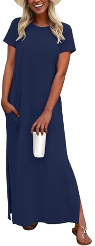 QIXING Women's Elegant Summer Maxi Dress with Pockets UK Holiday & Travel Outfits Split Hem Short Sleeve Wrinkle Free Dress (Navy Blue, L)
