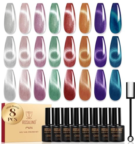 ROSALIND UV nagellack magnetiskt, 8 färger vit rosa violett grön röd kristaller kattögongel nagellack kattöga med magnet, blötlägg av mini gel nagelpolish kateye för nagelkonst manikyr