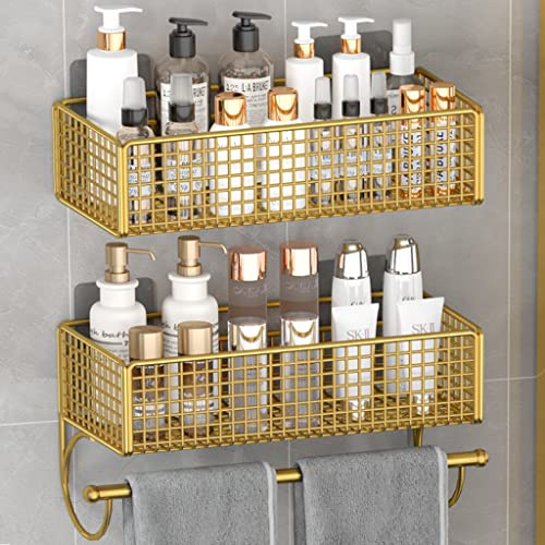 Lot de 2 paniers de douche dorés avec barre porte-serviettes – Support mural sans perçage antirouille pour salle de bain et cuisine 36 cm