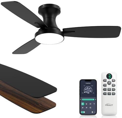 Homlit 42 inch Smart Ceiling Fan with Light, Low Profile Flush Mount with Remote Control, Ultra-Quiet Reversible DC Motor, 3 Color Temperatures & 6 Speed Dimmable Lighting for Bedroom, Black