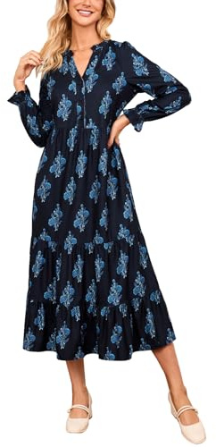 YEXPINE Women’s Corduroy Midi Dress Fall Winter Long Sleeve Ruffle V Neck Button Down Flowy Tiered Shirt Dresses with Pockets Navy Blue