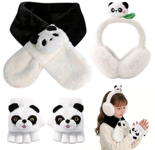 Spiritzohic Panda Kids Winter Accessories, 3 PCS Winter Earmuffs Scarf Gloves Set Plush Ear Warmers Warm Scarf Knit Hands Warmers Fluffy Thick Thermal Sets for Outdoor Sports Toddler Kids