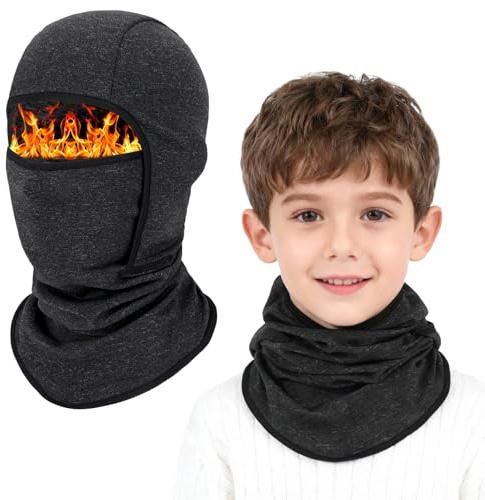 AYPOW Termisk fleecebalaklava för barn i 4-12 år, multifunktionell vindtät varm skidmask cykling heltäckande ansiktsskydd under hjälm hatt med halsvärmare, för pojkar flickor barn utomhussport, Svart