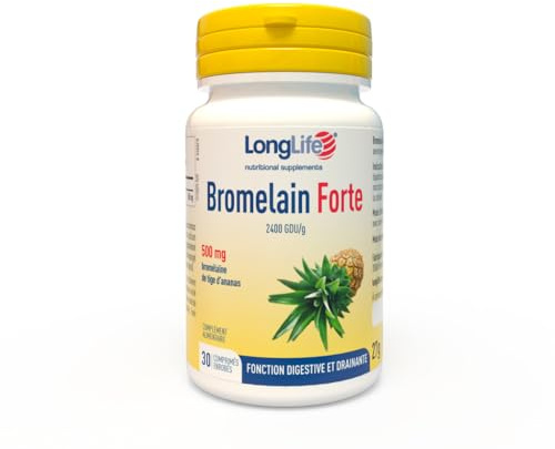 LongLife® Bromelain Forte | Haute concentration 2400 GDU/g | Bromélaïne issue de la tige d’ananas | Drainage jambes et digestion | Haute teneur en enzymes | 30 comprimés enrobés | Sans gluten et végan