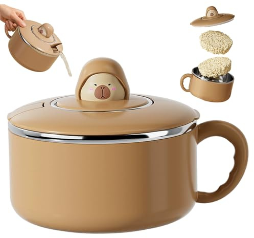Snabbnudelskål med handtag 1 200 ml capybara omedelbar ramen-skål med lock och sked, 304 rostfritt stål ramenspis för soppnudlar med lock.