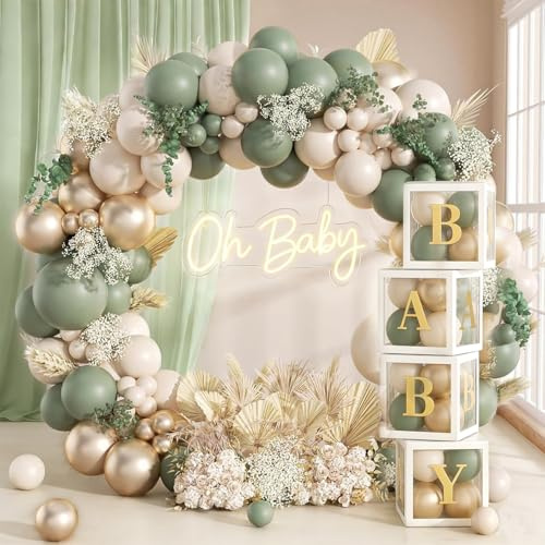 Babyparty Deko Junge Mädchen, 137 Stück Grüne Gold Baby Party Dekoration Neutral mit 4Pcs ballon Boxen, Luftballons Girlande Grün Gold für Baby Shower, Gender Reveal, Geburtstags, Dschungel Party