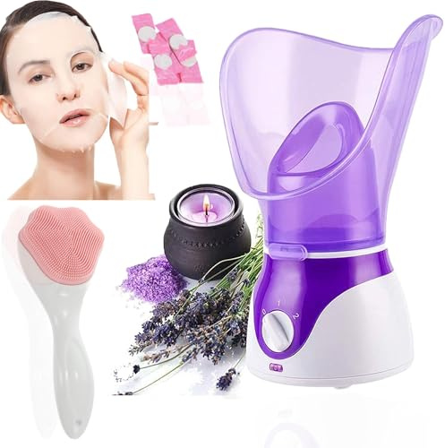 Facial Steamer Nano Ionic Face Steamer, AILHOMEWELL® Face Steamer Warm Mist Humidifier Atomizer for Face Sauna Spa Sinuses Moisturizing & 6 Skin Kit (Purple Facial Steamer 4 Masks and 2 Brushes)