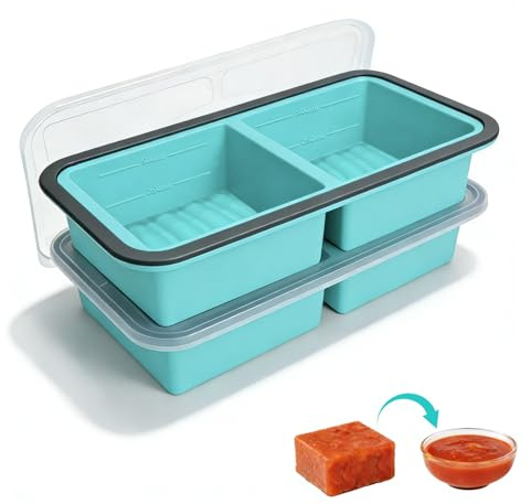 Vassoio congelatore in silicone con coperchio - 2 pezzi, 2 scomparti contenitori per zuppe, 500 ml - per zuppe, brodo, salse e preparazione pasti, stampi per alimenti per bambini e cubetti di ghiaccio