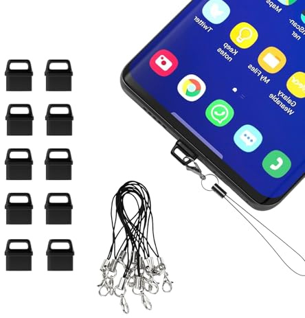 Zirax 10 pcs Dust Plug Cover, USB C Dust Plug Set with Anti-Lost Lanyard and Cleaning Brush, Charging Port Cover, Type C Dust Cap Protector Compatible with Most Mobile Phone Devices