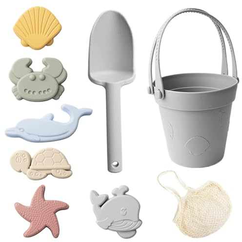 Syglawnd 8 stycken sandleksaker för barn strand säker silikon för sommarresor utomhus, grå, med spade hink sandformar vattentät låda leksaker