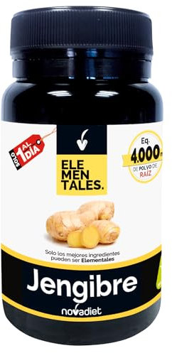 Novadiet - ELEMENTALES JENGIBRE Càpsula con Jengibre - Complemento Alimenticio Antiinflamatorio y Digestivo - Para Aliviar Digestiones Pesadas, Hinchazón y el Dolor Menstrual.- 30 Cápsulas Vegetales