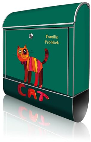 banjado Design Briefkasten personalisiert 38,5x46,5x13cm & 2 Schlüssel - Briefkasten Stahl Silber Zeitungsfach pulverbeschichtet - Postkasten A4 Einwurf inkl. Montagematerial - Motiv Orange Katze