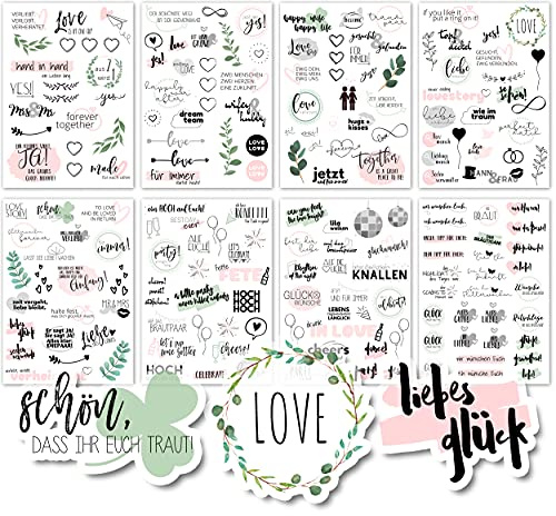 Sticker Hochzeit Gästebuch (4 Bögen) - Vintage Hochzeit Aufkleber für Gästebuch oder Fotoalbum mit viel Liebe - Love Stickers für Scrapbook oder Bullet Journal - Wedding Deko mit Herz - Rosagrün