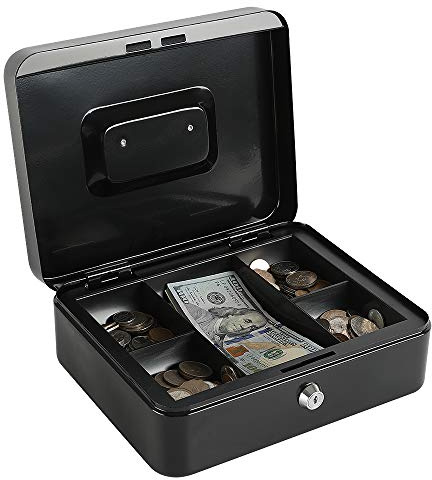 xydled Locking Steel Large Cash Box with Removable Coin Tray and Key Lock,9.84x 7.87x 3.54,Black