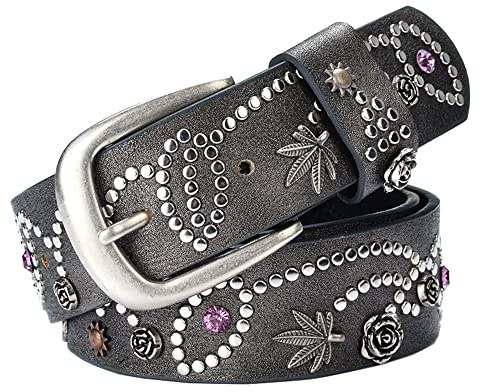 通用 Vintage Damen Nietengürtel Funkelnden Strass Nieten Gürtel kürzbar Gürtel Western Ledergürtel für Jeans Hosen (Grau)