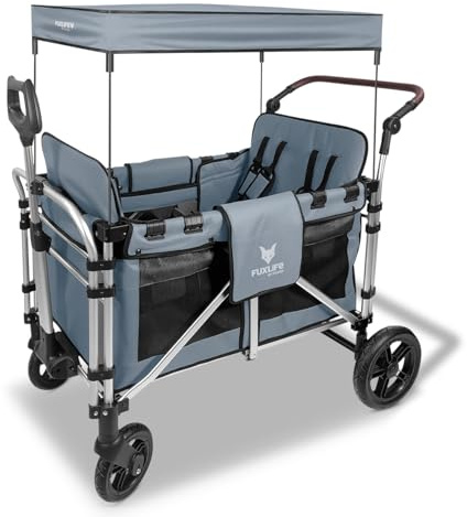 FUXLIFE FX-CTXL900 Premium XL Folding Wagon for 4 Kids with Raised Double Seats, 5-Point Safety Belts & Sun Canopy – Foldable Handcart with Solid Rubber Tyres – Grey