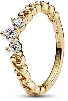 PANDORA Anello Moments Regal con tiara placcato in oro 14k con zirconi cubici trasparenti, 58