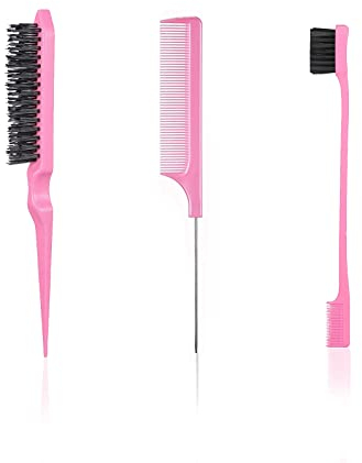 3 Pieces Hair Styling Comb Set Teasing Hair Brush Rat Pin Tail Comb Double-Sided Edge Brush for Edge & Back Brushing, Combing, Slicking Hair for Women Babies Kids' Hair - Pink