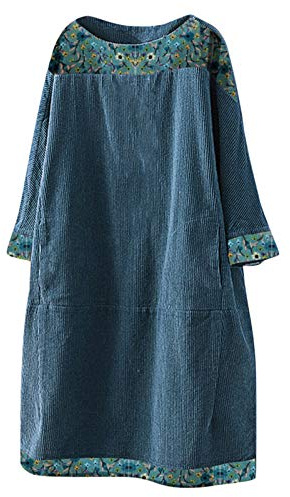 AMDOLE Robe Hiver Femmes Femmes vêtements Ethniques Poches Patchwork Vintage Vintage à Manches Longues imprimé Corduroy Robe de Femme Robes pour Femmes Printemps Fluide