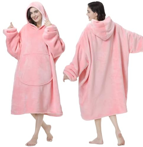 MOKANI Kuscheldecke mit Ärmeln und Kapuze Hoodie Decke, Rosa | Decken Hoodie Decke mit Ärmeln, Übergröße Kapuzenpullover für Damen Herren