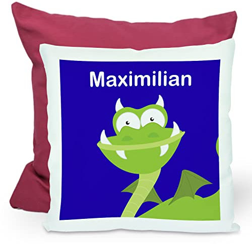 CreaDesign, Kinder Kissen 40x40 cm personalisiert mit Namen, Kinderzimmer Deko Kissen Kinder mit Füllung Federn, Motiv Drache, Rückenfarbe Lila