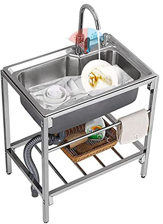 68 * 44 cm freistehendes Edelstahl-Waschbecken, Waschbecken mit 360 ° heißem und kaltem Wasserhahn, gewerbliches Catering, einzelnes Waschbecken für Garage, Werkstatt, Waschküche, Camping im Freien