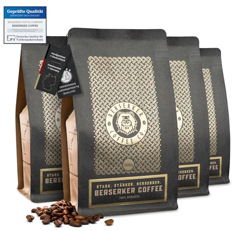 BERSERKER COFFEE - Extra starker Kaffee, 100% Robusta Kaffeebohnen, 4x500g - 3x soviel Koffein wie 08/15-Kaffee, säurearm - GANZE BOHNE