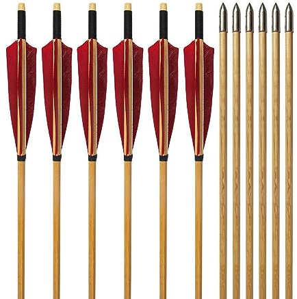 biubiusot Holzpfeile für Bogenschießen 32 Zoll Jagdpfeile 12er Naturfedern Pfeile Bogenpfeile mit Abschraub Spitze Langbogen und Traditionellen Pfeile Bogen Handarbeit (Rot)